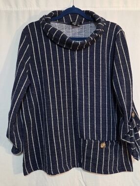 Papillon XXL Striped Navy Cowl Neck Lightweight Boho Sweater with Pocket